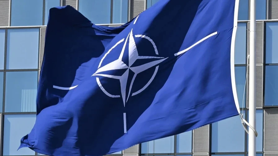 Логотип НАТО на тлі прапорів альянсу